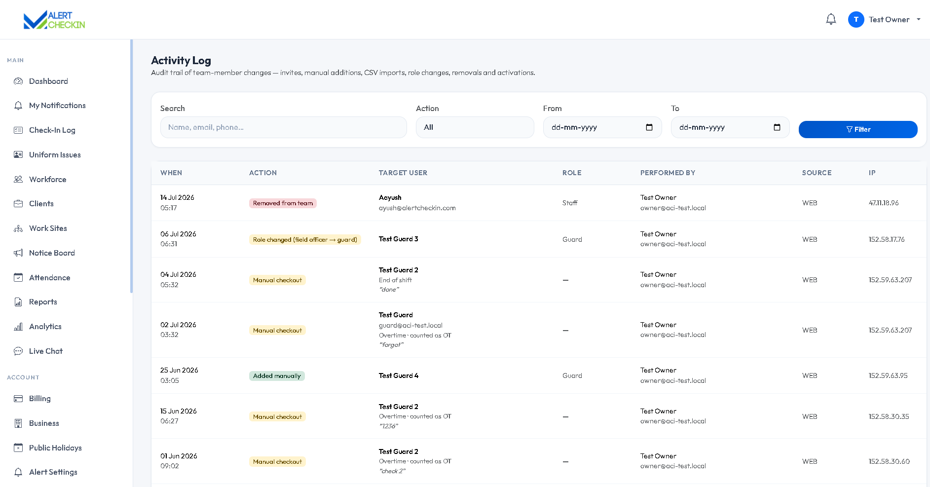 AlertCheckin team activity log showing an audit trail of administrative actions
