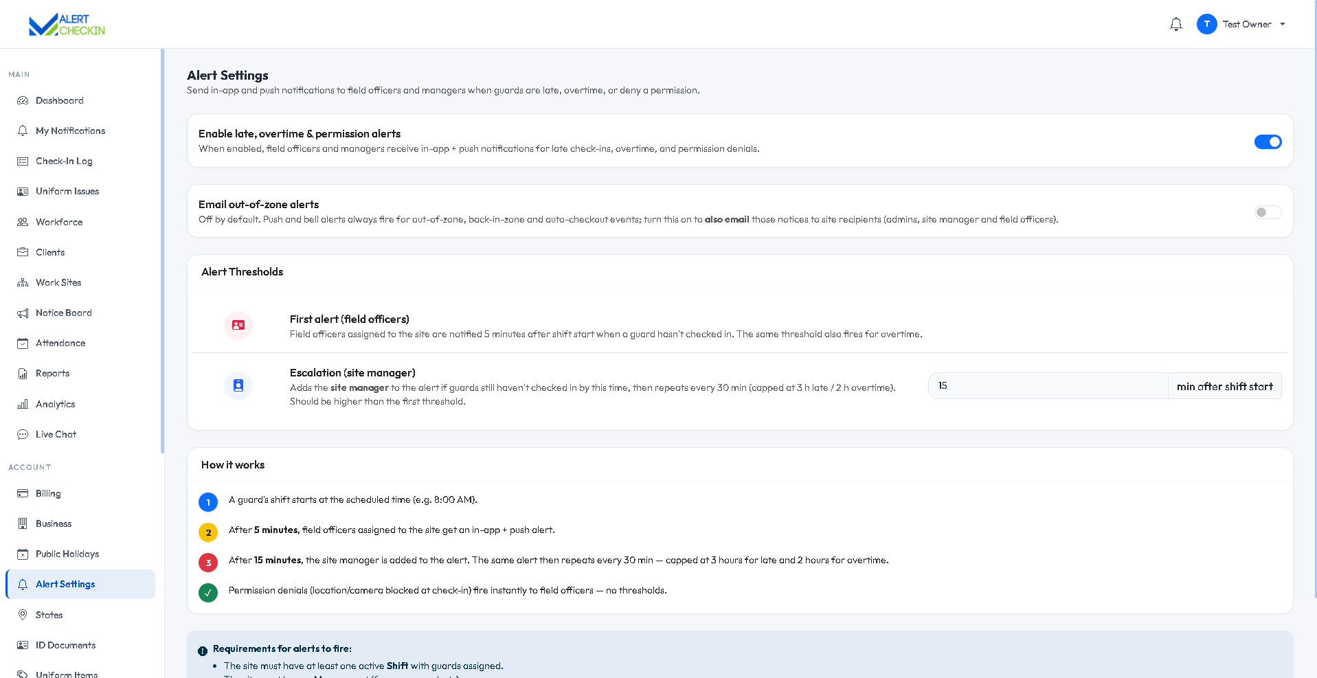 AlertCheckin alert settings page for configuring alert rules and email recipients