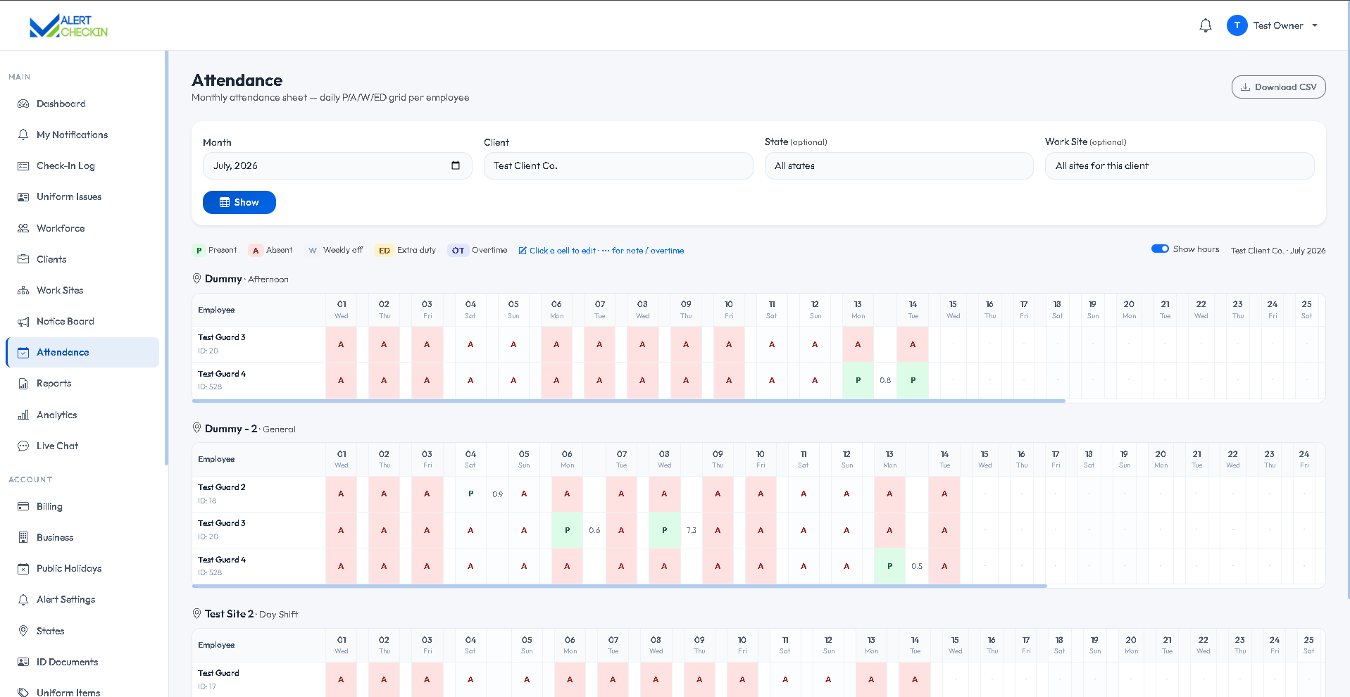 AlertCheckin attendance sheet showing per-employee daily attendance derived from check-in records