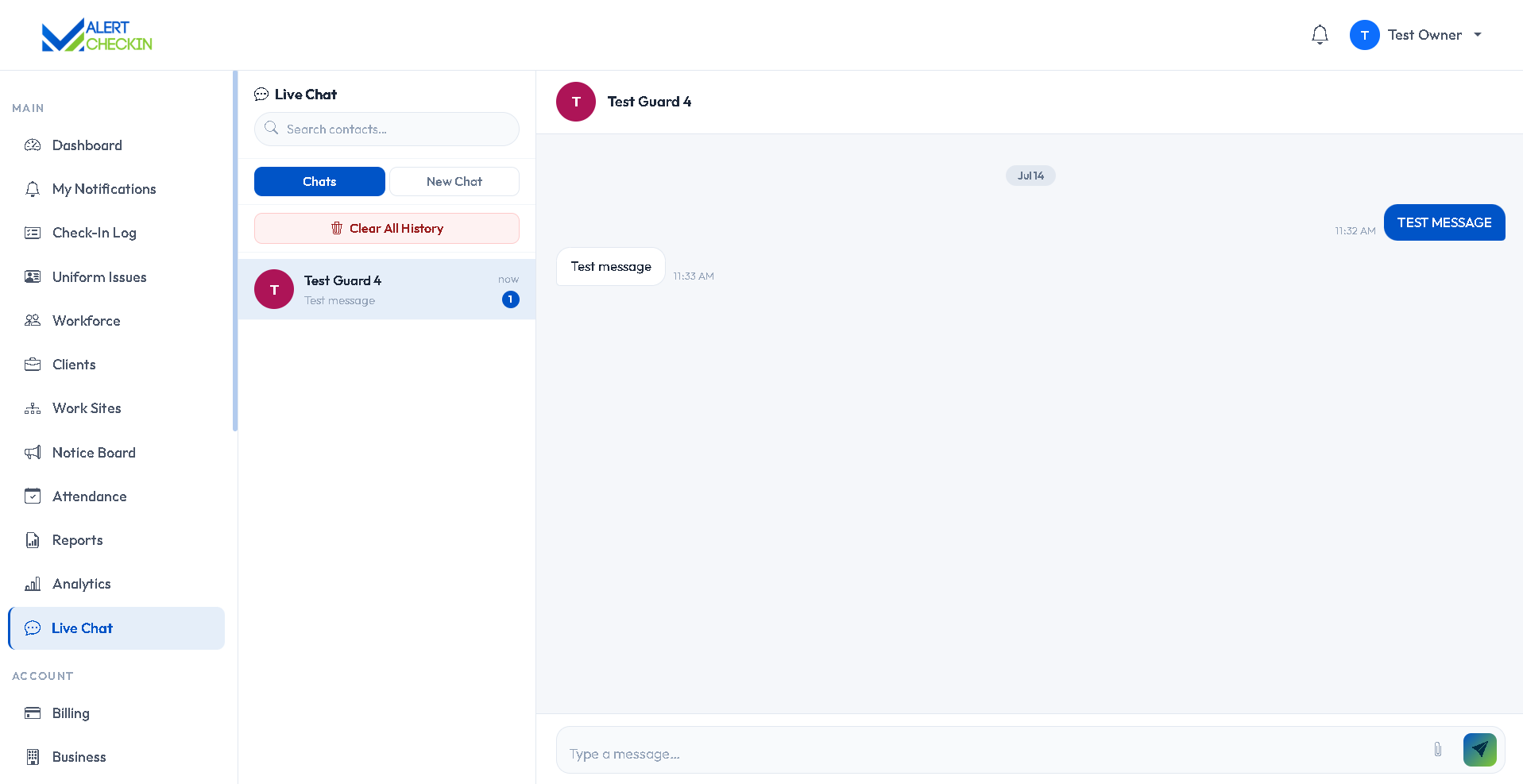AlertCheckin web live chat console showing contacts and an open conversation