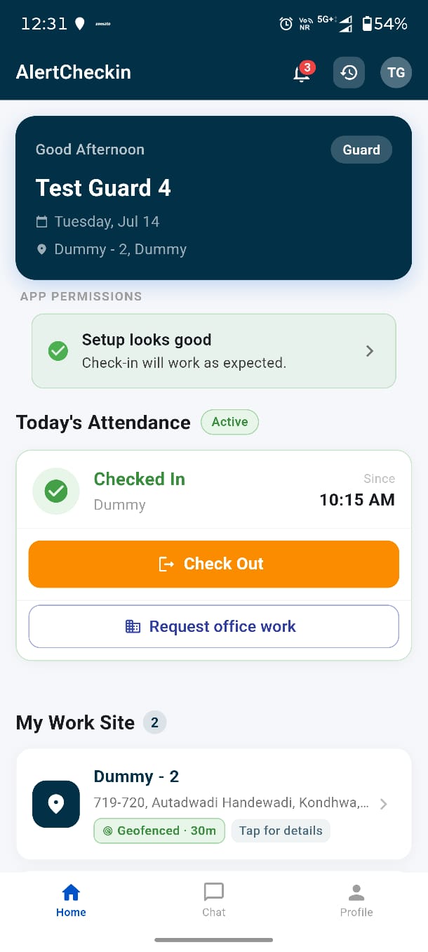 AlertCheckin guard mobile home screen showing checked-in status, check out button and geofenced work site