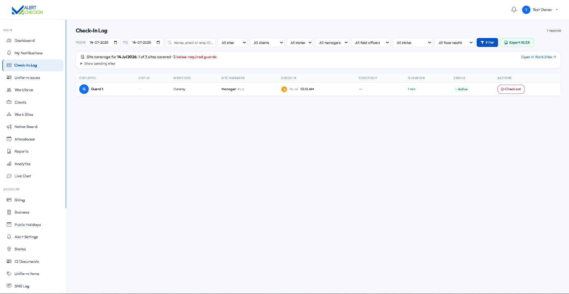 AlertCheckin check-in log on web with date range, filters, site coverage banner and check-in records table
