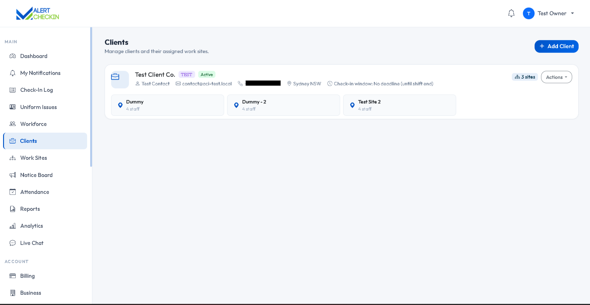 AlertCheckin clients page listing client accounts with logos and status controls