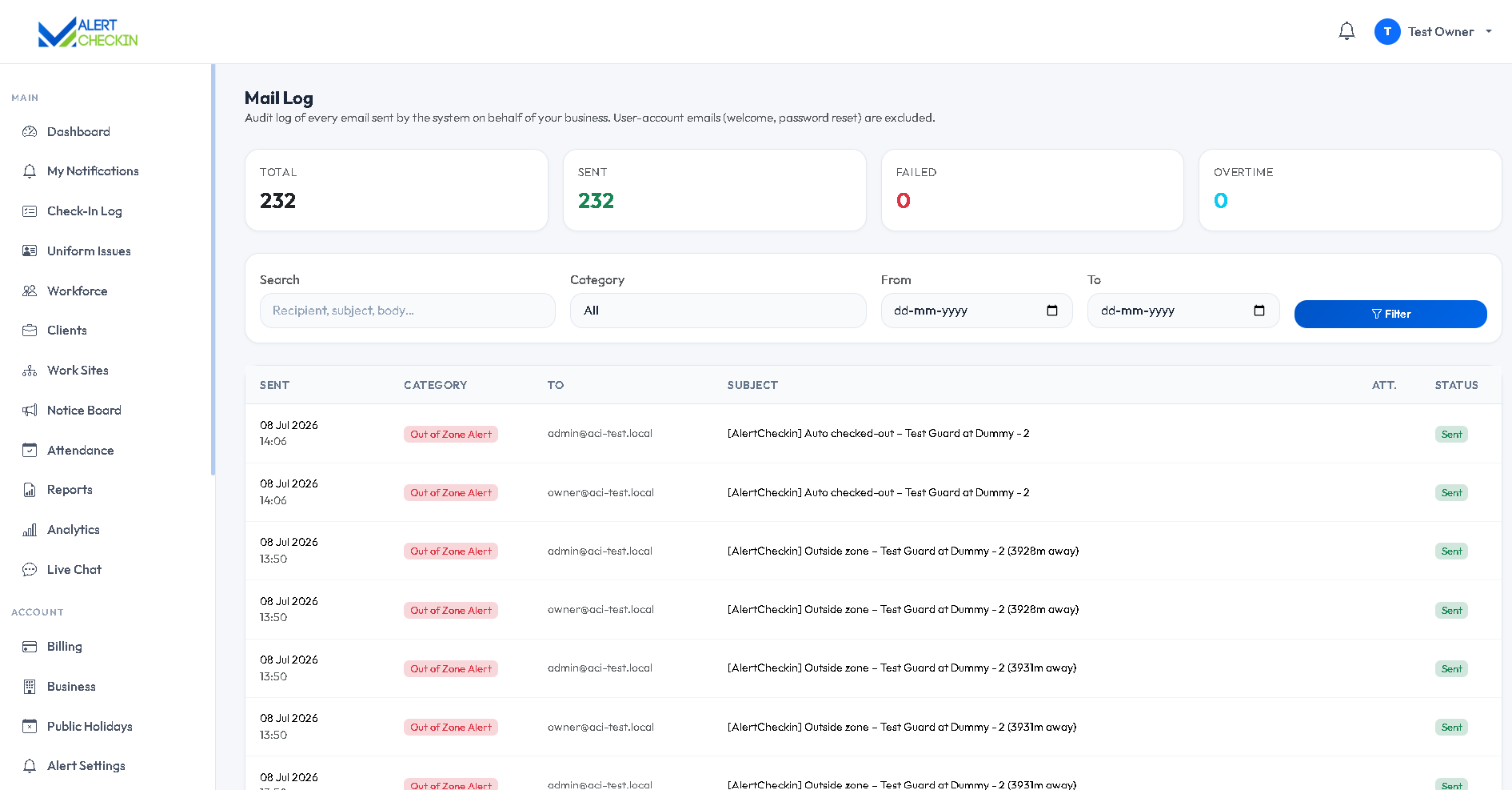 AlertCheckin email log listing sent messages with preview and attachment access
