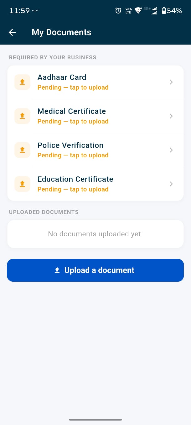AlertCheckin mobile screen for uploading a required identity document