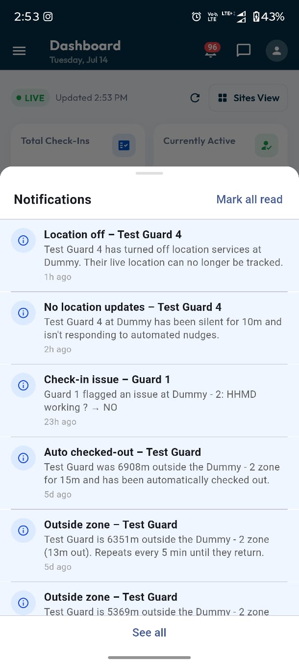 AlertCheckin mobile notifications screen listing alerts for a guard