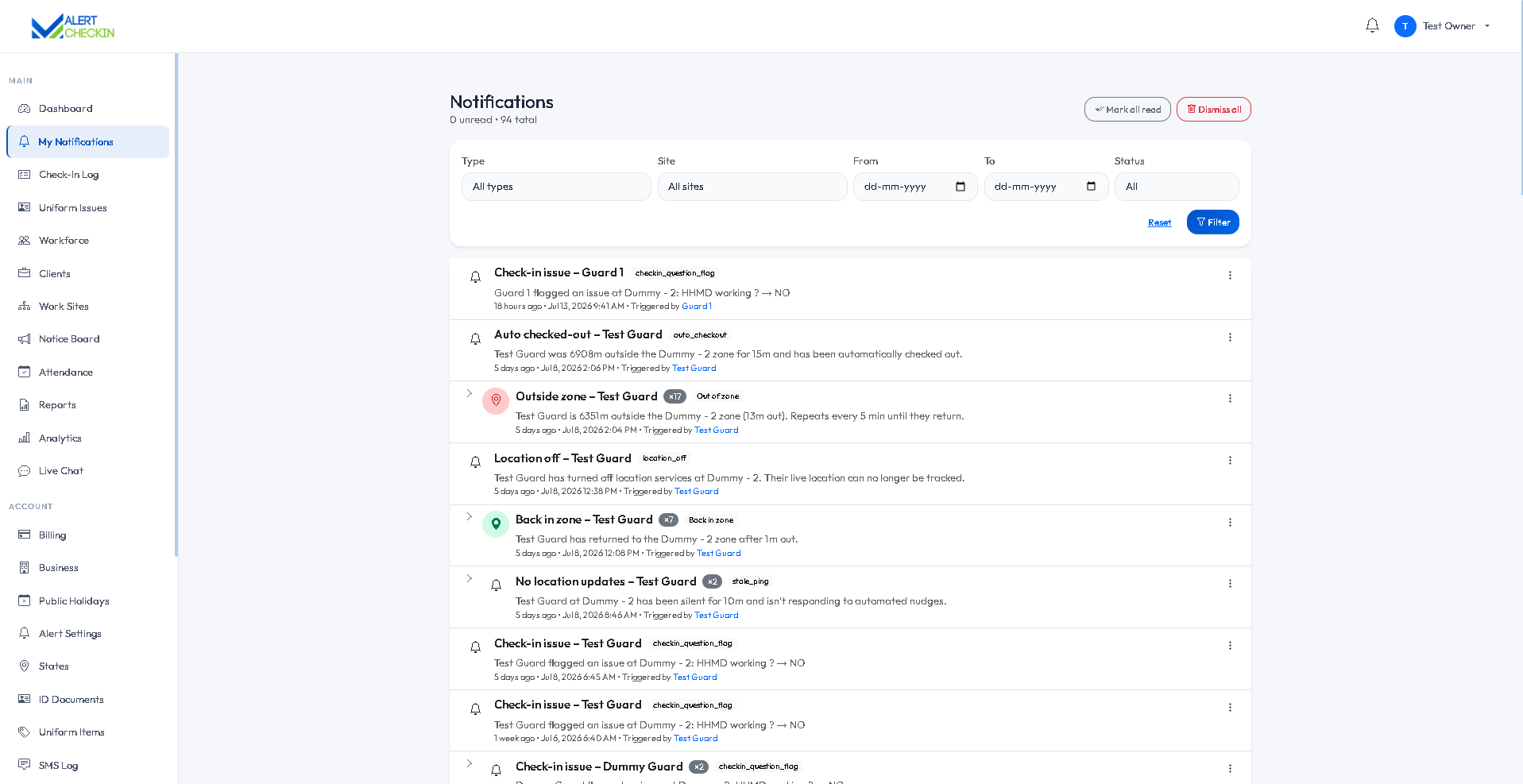 AlertCheckin web notifications page listing alerts with read status