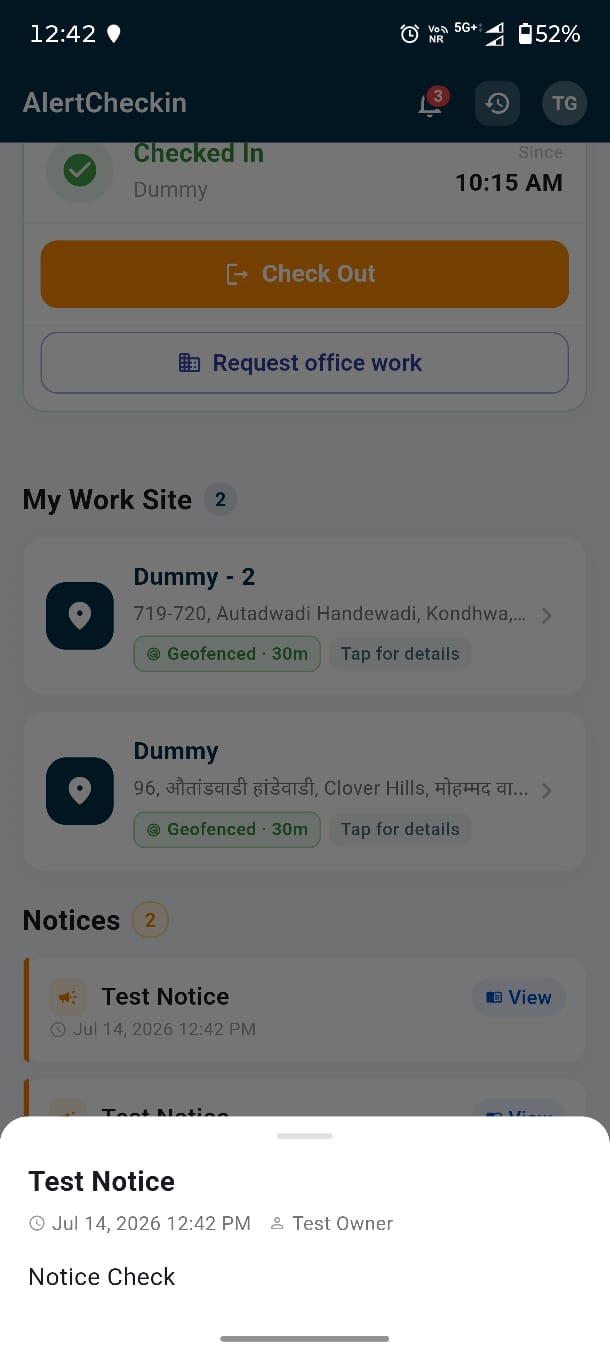AlertCheckin mobile notice board showing posted notices for a guard