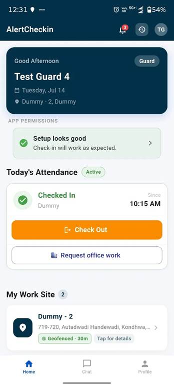 AlertCheckin guard home screen showing the Request office work button beneath the check out action