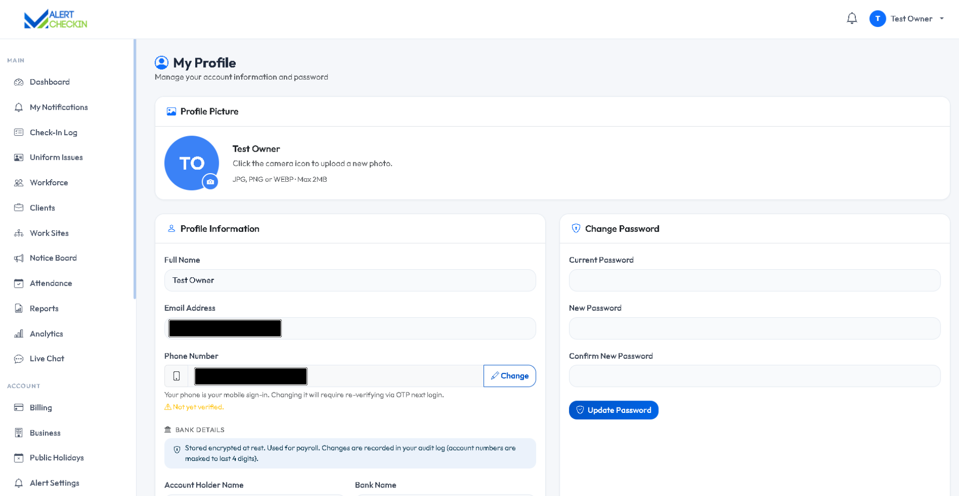 AlertCheckin profile settings page for updating account details, phone number and password
