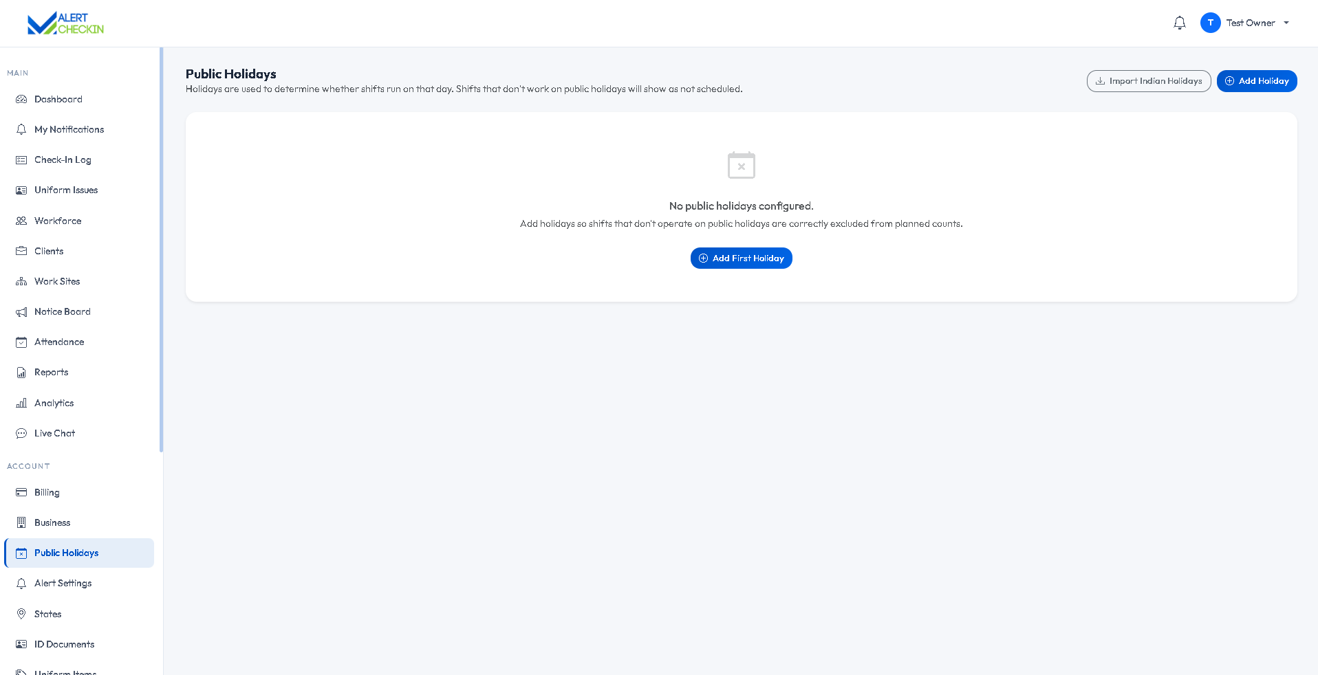 AlertCheckin public holidays settings page listing configured holiday dates