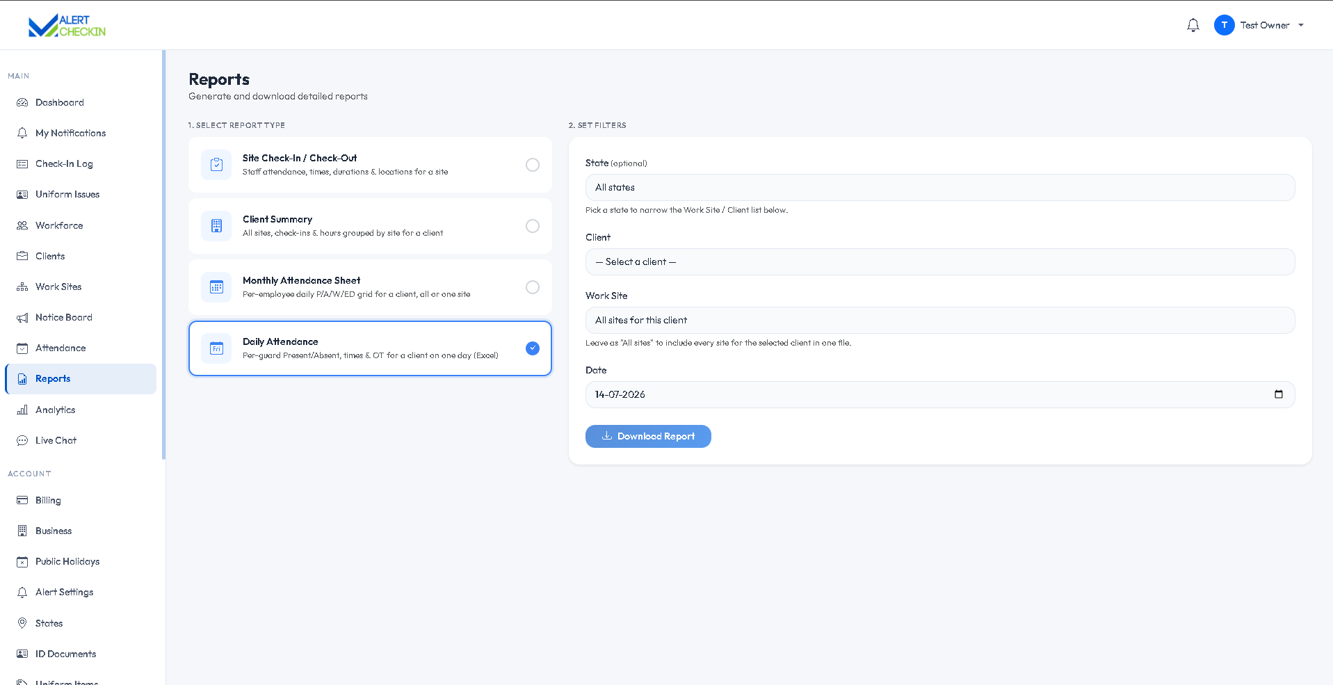 AlertCheckin reports page with date range and filter controls for generating operational reports