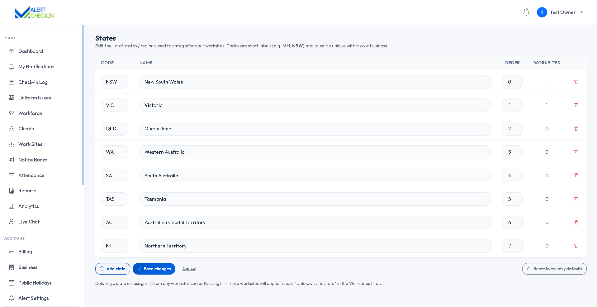 AlertCheckin states settings page listing operating regions