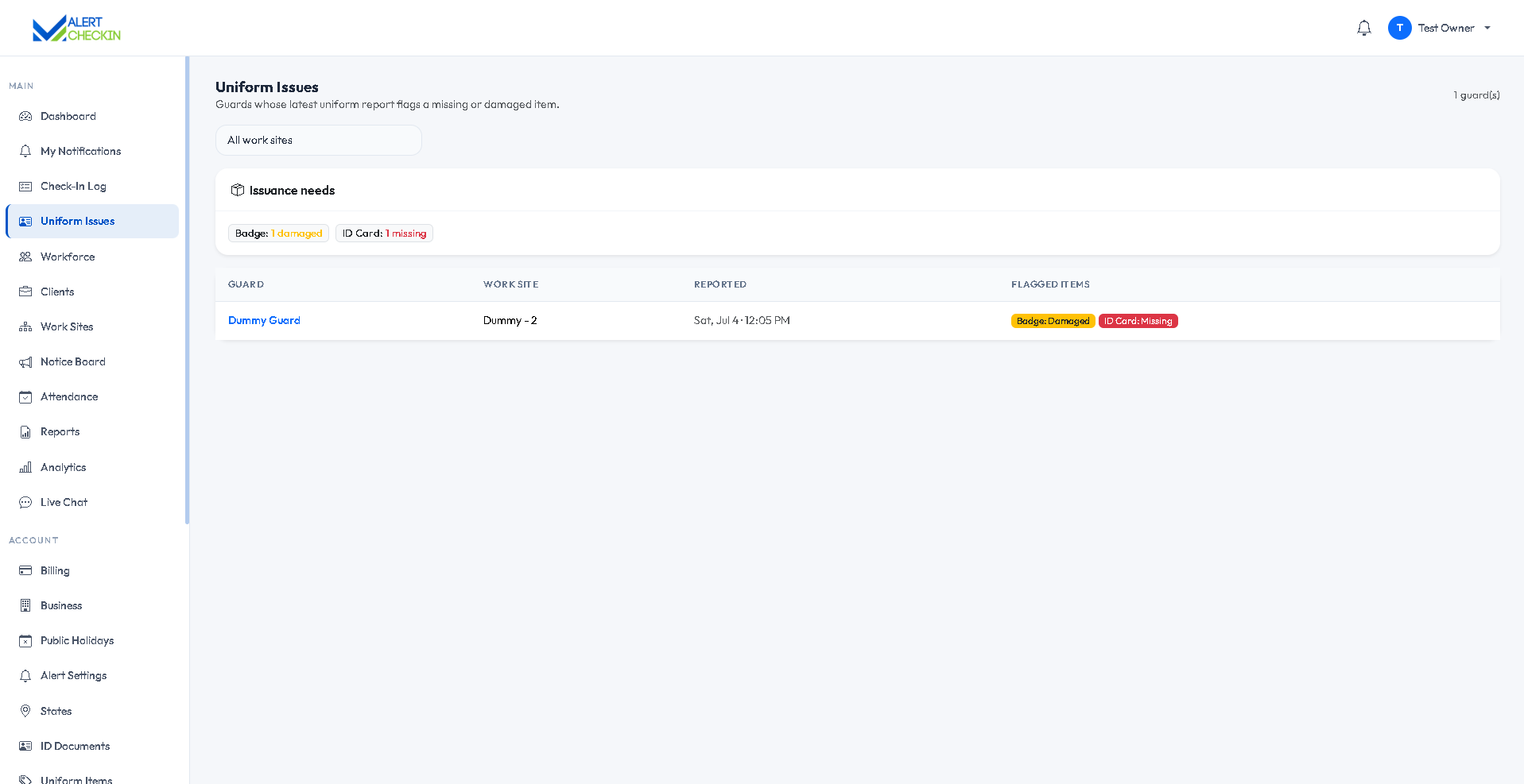 AlertCheckin web uniform issues page listing reported missing and damaged uniform items