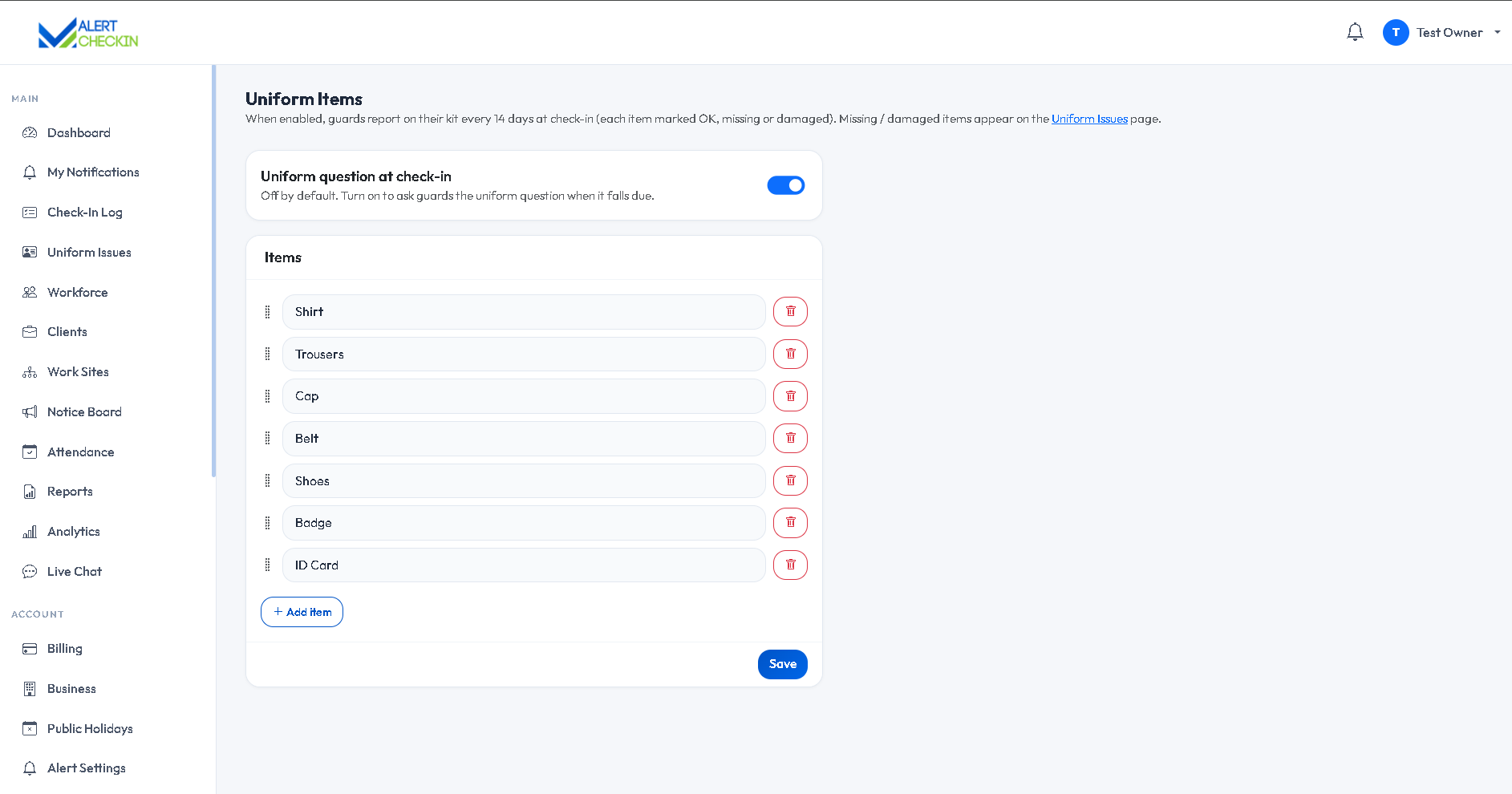 AlertCheckin uniform items settings page listing the uniform catalogue checked by guards