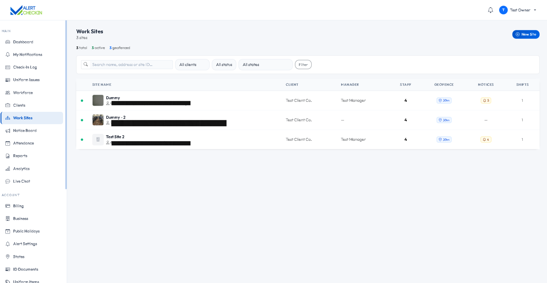 AlertCheckin work sites list showing geofenced sites with clients, assigned staff and coverage status